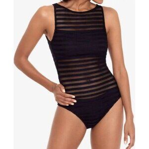 Lauren Ralph Sz 8 Lauren Swimsuit Mesh High Neck One-Piece Black Classic Preppy